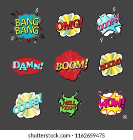 Comic speech bubbles set with different emotions and text Wow, Omg, Hell Yeah, Damn, Bang, OOOPS . Vector bright dynamic cartoon illustrations isolated on background.