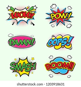 Comic speech bubbles set with different emotions and text Wow, Omg, Gtfo, Oops, Damn, Boom, Pow, Smash, Bang, Yeah, Oh, Wtf . Vector bright dynamic cartoon illustrations isolated on green background