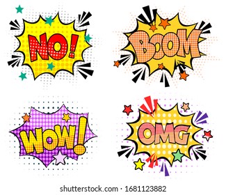 Comic speech bubbles set with different emotions and text Wow, Omg, No, Boom.