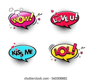 Comic Speech Bubbles Set With Different Emotions And Text Wow, Lol, Love You, Kiss Me. Vector Bright Dynamic Cartoon Illustrations Isolated On White Background