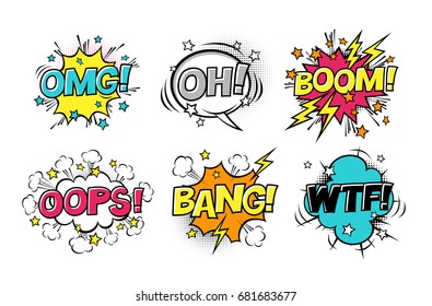 Comic speech bubbles set with different emotions and text BOOM, OMG, OH, BANG, OOPS, WTF. Vector cartoon illustrations isolated on white. Halftones, stars and other elements in separated layers.