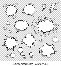 Comic speech bubbles set with different shapes and elements. Vector cartoon illustrations isolated on white background. Halftones, stars and other elements in separated layers. Black anbd white.