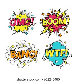 Comic speech bubbles set with different emotions and text BOOM, OMG, BANG, WTF. Vector cartoon illustrations isolated on white background. Halftones, stars and other elements in separated layers.