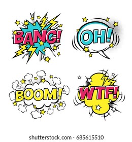 Comic speech bubbles set with different emotions and text BOOM, OH, BANG, WTF. Vector cartoon illustrations isolated on white background. Halftones, stars and other elements in separated layers.