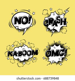 Comic speech bubbles set with different emotions and text KA-BOOM, OMG, NO, CRASH. Vector cartoon illustrations isolated on yellow background. Halftones, stars and other elements in separated layers.