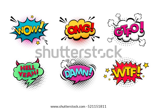 Comic speech bubbles set\
with different emotions and text Wow, Omg, Gtfo, Hell Yeah, Damn,\
Wtf . Vector bright dynamic cartoon illustrations isolated on white\
background.