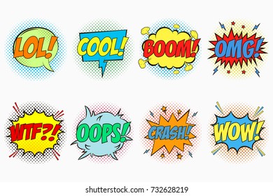 Comic speech bubbles set with emotions - LOL! COOL! BOOM! OMG! WTF?! OOPS! CRASH! WOW! Cartoon sketch of dialog effects in pop art style on dots halftone background. Vector illustration.