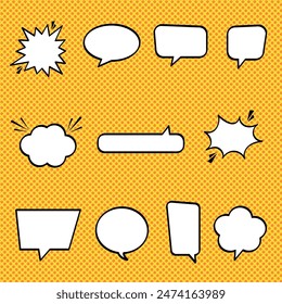 Comic speech bubbles set. Hand-drawn doodle clouds. Retro dot background.