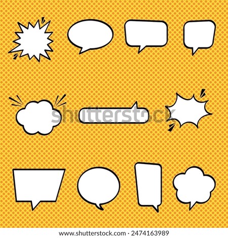 Comic speech bubbles set. Hand-drawn doodle clouds. Retro dot background.