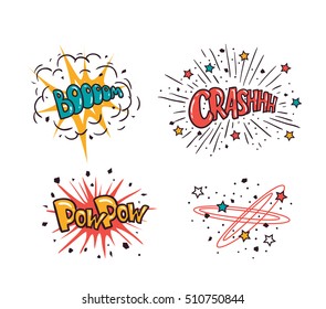 Comic speech bubbles set isolated on the white background, vector illustration. Crash, boom, pow pow - cartoon lettering.