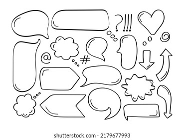 Comic speech bubbles set vector in hand drawn style. Comic sketch explosions on a white background. Empty speech balloons in line style. Massages and talk signs for app, web.