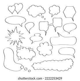 Comic speech bubbles set vector in hand drawn style. Massages and talk signs for app, web.Comic sketch explosions. Empty speech, communication balloons in line style. 