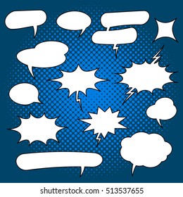 Comic speech bubbles set, vintage halftone background