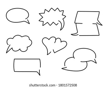 Comic speech bubbles in shape of hearts, star, cloud, circle and rectangle. Vector outline doodle elements for chat, talk, message. Empty black line art banners for text, dialog on white background