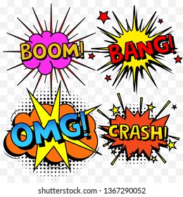 Comic speech bubbles or sound replicas.Vector cartoon explosions with different emotions.Color graphics for brochures, leaflets, cards and sales 