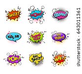 Comic speech bubbles and splashes set with different emotions and text Wow,Shit, Oh Yeah, Damn, Kiss me, Thank you, Epic Shit, Pop, Wtf. Vector bright dynamic cartoon illustrations on white background