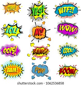 Comic speech bubbles and splashes set with different emotions and text BOOM, OMG, LOL, OOPS, BAM, YES, NO, BANG, POW, WOW, COOL, WTF. Vector bright dynamic cartoon illustrations on white background.