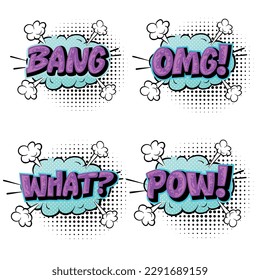Comic speech bubbles and splashes set with different emotions and text Wow, Omg, Pow, Bang. Vector bright dynamic cartoon illustrations isolated on white background.