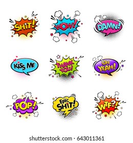 Comic speech bubbles and splashes set with different emotions and text Wow,Shit, Oh Yeah, Damn, Kiss me, Thank you, Epic Shit, Pop, Wtf. Vector bright dynamic cartoon illustrations on white background