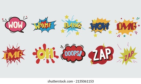 Colección de pegatinas de burbujas de habla cómica, diseño plano de dibujos animados Premium Vector