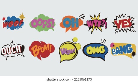 Comic speech bubbles stickers collection set, cartoon style flat design Premium Vector