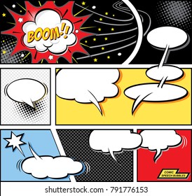 Comic speech bubbles and comic strip background, vector illustration