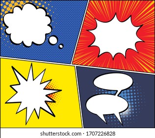 Comic speech bubbles and comic strip . Mock-up of Comic Book Page with place for Text, Speech Bubble, Symbols, Sound Effects, Colored Halftone Background 