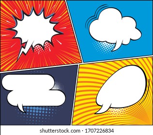 Comic speech bubbles and comic strip . Mock-up of Comic Book Page with place for Text, Speech Bubble, Symbols, Sound Effects, Colored Halftone Background 