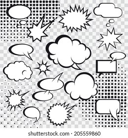 Comic speech bubbles and comic strip on monochrome halftone background vector illustration