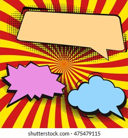 Comic speech bubbles and comic strip on colorful halftone background illustration.