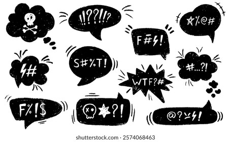 Comic speech bubbles with swear words. Hand drawn charcoal speech bubble with abstract curses and skull. Curse, rude, swear word for angry, bad, negative expression.