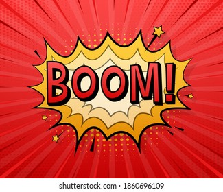 Comic speech bubbles with text Boom. Vintage cartoon illustration. Symbol, sticker tag, special offer label, advertising badge. Vector stock illustration.