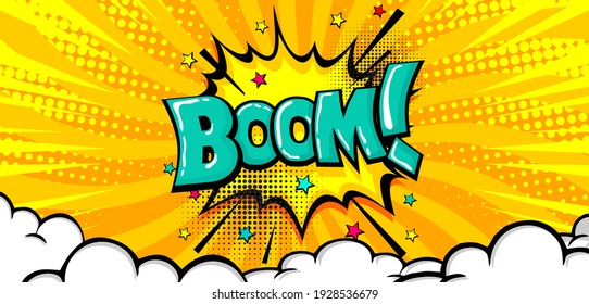 Comic speech bubbles with text boom. Vector bright dynamic cartoon illustrations isolated on burst yellow background with cloud.