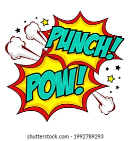 Comic speech bubbles with text POW and PUNCH. Vector bright dynamic cartoon illustrations isolated on white background.