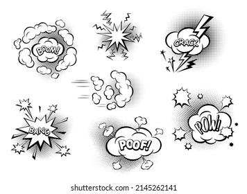 Comic speech bubbles with text. Sound emotes and comics cues. Sound effects in pop art style. Set of cartoon dialog clouds with Halftone Dot background. Isolated. Vector illustration