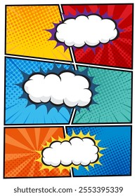 comic speech bubbles in white clouds on a vibrant pop art background vector illustration perfect for comic book designs, posters, and graphic projects, featuring halftone patterns and bubble shapes