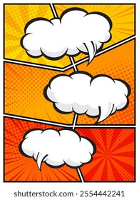comic speech bubbles in white clouds on a vibrant pop art background vector illustration perfect for comic book designs, posters, and graphic projects, featuring halftone patterns and bubble shapes