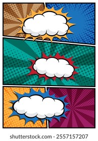 comic speech bubbles in white clouds on a vibrant pop art background vector illustration perfect for comic book designs, posters, and graphic projects, featuring halftone patterns and bubble shapes