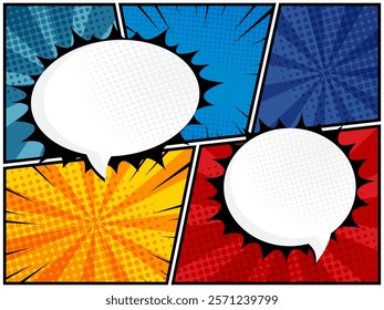 comic speech bubbles in white clouds on a vibrant pop art background vector illustration perfect for comic book designs, posters, and graphic projects, featuring halftone patterns and bubble shapes