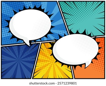 comic speech bubbles in white clouds on a vibrant pop art background vector illustration perfect for comic book designs, posters, and graphic projects, featuring halftone patterns and bubble shapes