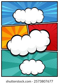 comic speech bubbles in white clouds on a vibrant pop art background flat design vector illustration perfect for comic book designs, posters, and graphic projects, featuring halftone and bubble