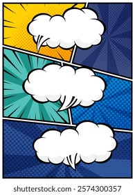 comic speech bubbles in white clouds on a vibrant pop art background flat design vector illustration perfect for comic book designs, posters, and graphic projects, featuring halftone and bubble