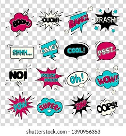 Comic Speech Bubbles.
WOW. Super. Psst. OMG! OOPS! COOL! BOOM! CRASH! POW! ZAP! Oh! OUCH!NO!BANG!Knock Knock!SHHH...  Vector Illustration