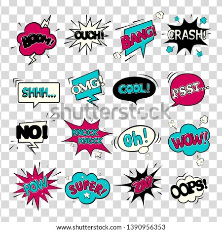 Comic speech bubbles.
WOW. Super. Psst. OMG! OOPS! COOL! BOOM! CRASH! POW! ZAP! Oh! OUCH!NO!BANG!Knock knock!SHHH...  Vector illustration