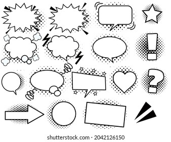 Comic speech bubbles.Hand drawn doodle.Labeld with black halftone shadows.Banner pop art style.Cartoon stickers.Flat design vector illustration.Sign, symbol, icon or logo isolated on background.