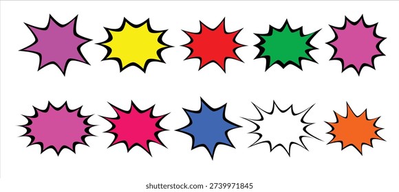 Comic speech burst label set. Colorful pop art explosion shapes. Jagged sticker badge collection. Cartoon vector elements for promotions and graphic design