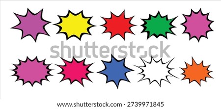 Comic speech burst label set. Colorful pop art explosion shapes. Jagged sticker badge collection. Cartoon vector elements for promotions and graphic design