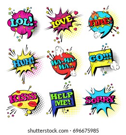 Comic Speech Chat Bubble Set Pop Art Style Sound Expression Text Icons Collection Vector Illustration