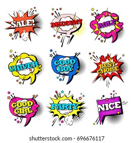 Comic Speech Chat Bubble Set Pop Art Style Sound Expression Text Icons Collection Vector Illustration