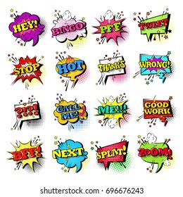 Comic Speech Chat Bubble Set Pop Art Style Sound Expression Text Icons Collection Vector Illustration